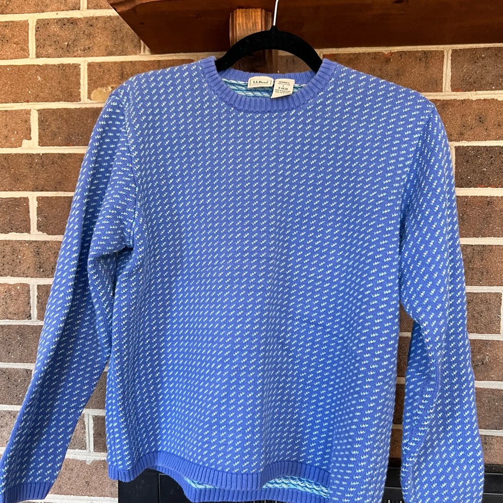 L.L. Bean Women's Blue and White Crewneck Sweater